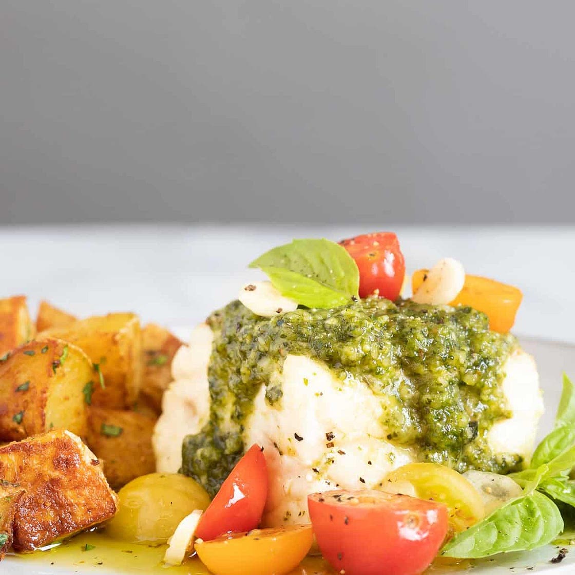 Sear-Roasted Alaskan Halibut with Macadamia Nut Pesto