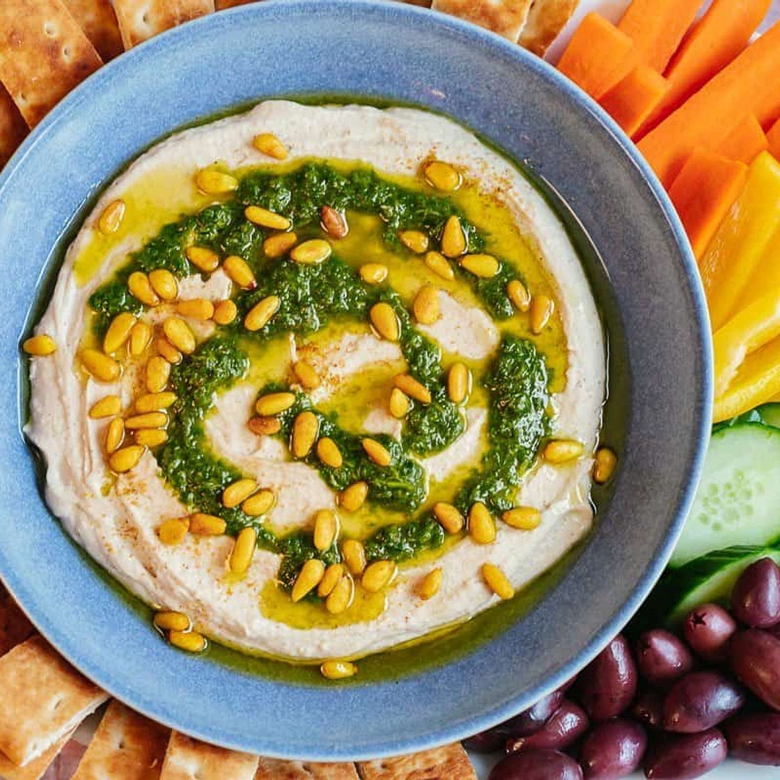 White Bean Hummus with Herb Salsa and Spiced Pine Nuts
