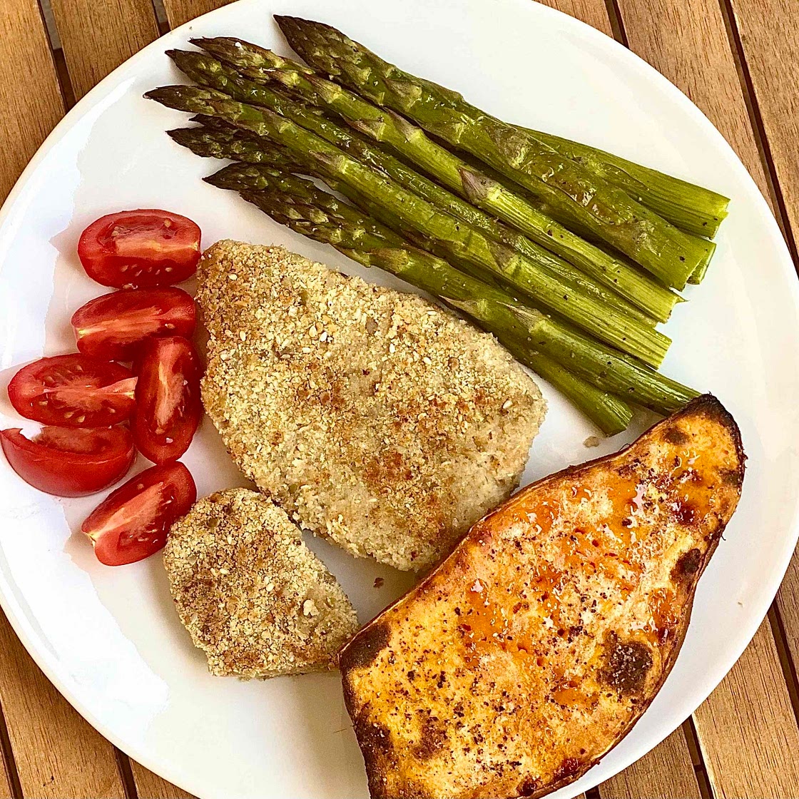 Sesame-Crusted Seitan with Baked Sweet Potato and Asparagus