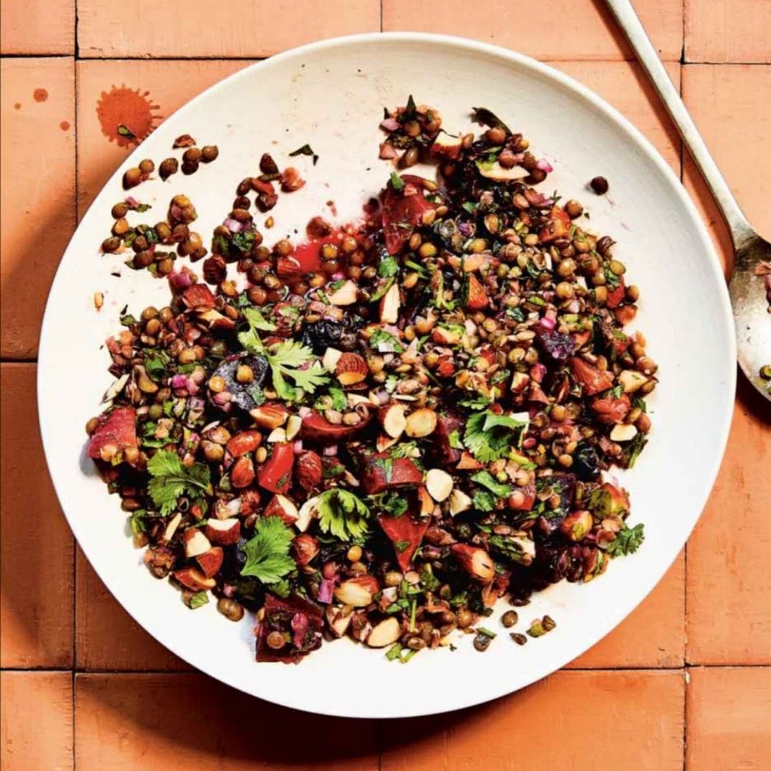 French Lentils with Beets, Sour Cherries, Urfa, and Almonds