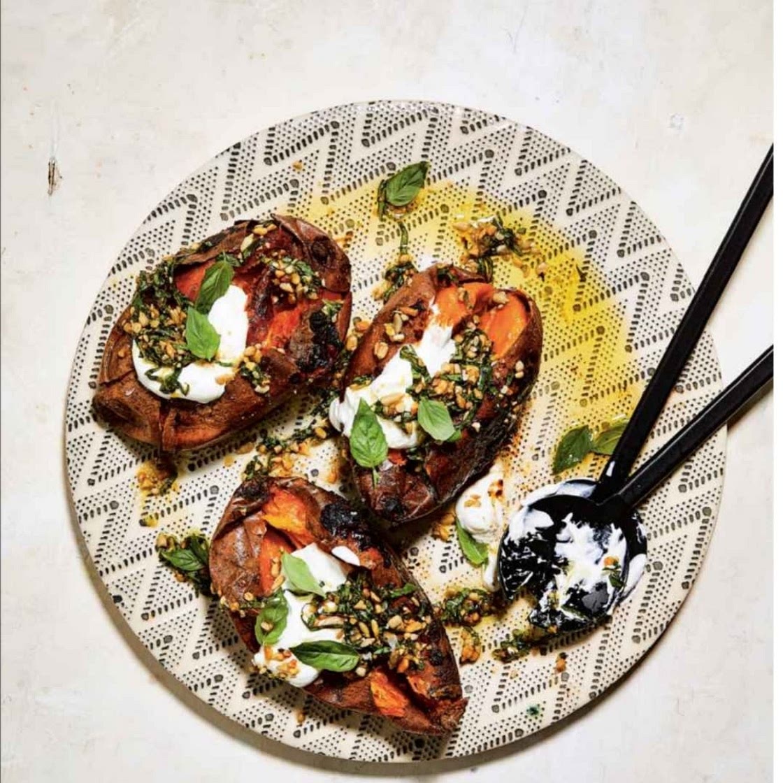Whole-Roasted Sweet Potato with Sunf l ower Gremolata and Lemony Sour Cream