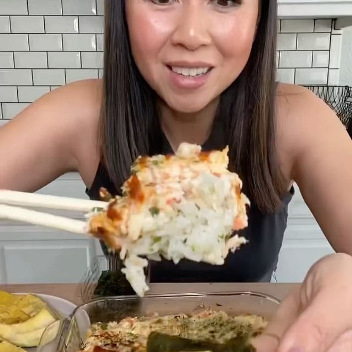 Perfected my Sushi Bake! 🍣 by: 💚 This is a must save and share! I used a little over 1 cup short grain rice because it was all I had left, but turned out to be the perfect ratio of rice. I then smashed with a fork one cooked salmon filet, 1 1/2 cups crab