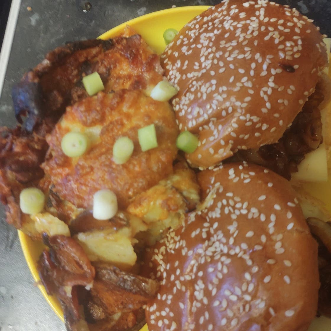 Bacon Buckaroo Burgers with BBQ Caramelized Onion & Cheesy Loaded Potato Rounds