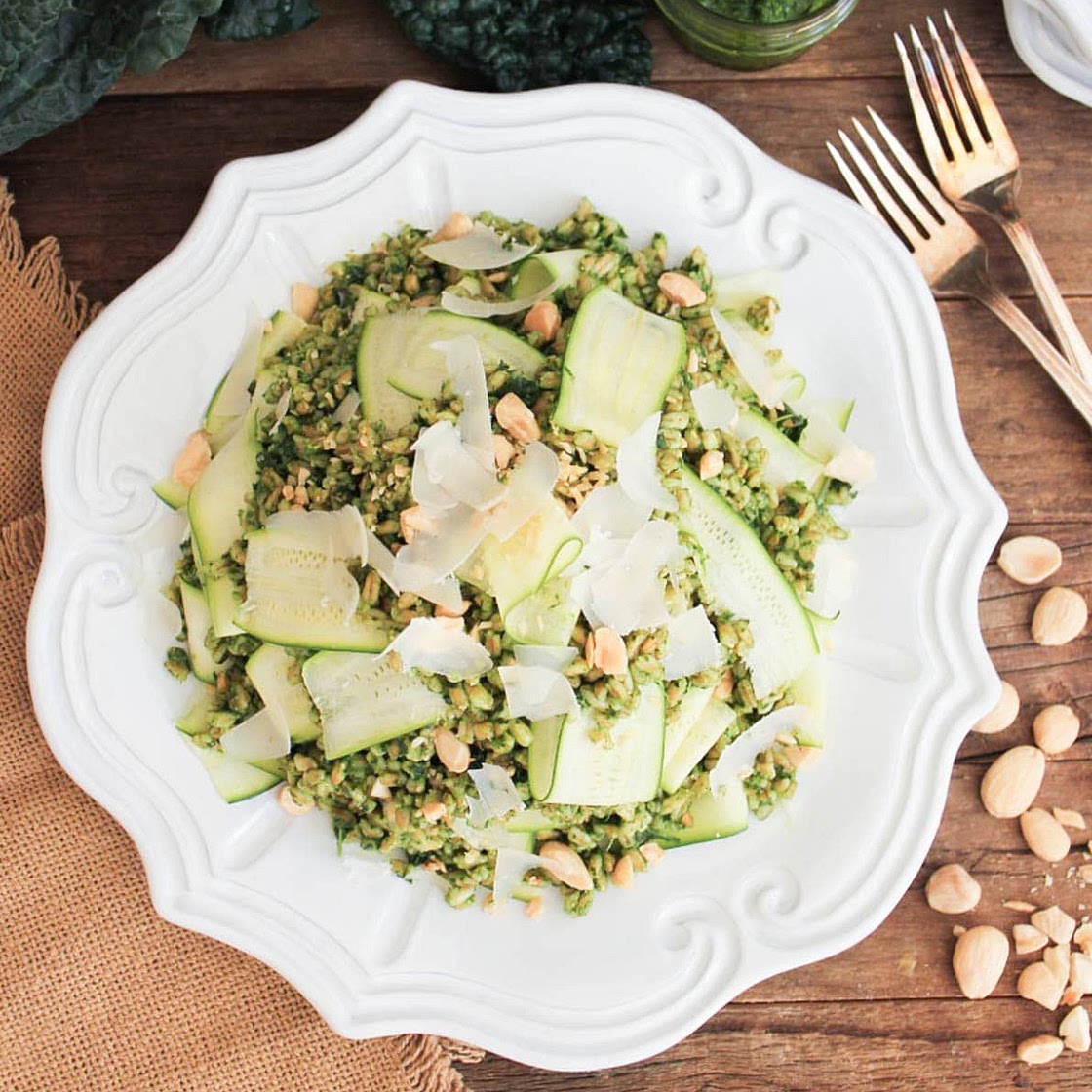 Farro with Kale Pesto, Shaved Zucchini and Parmesan