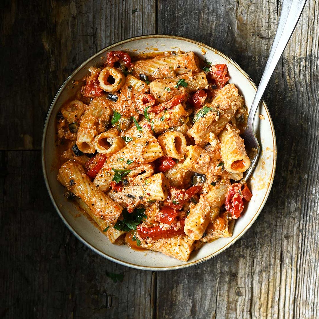 Eggplant and sun dried tomato pasta with ricotta