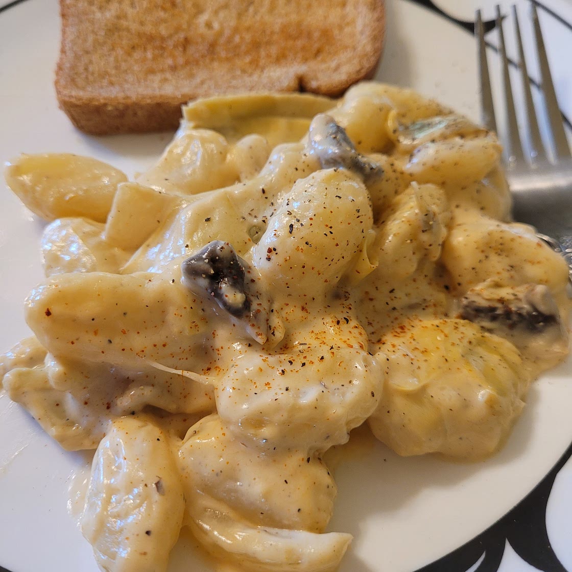 Sauted artichoke, mushroom and onion with gnocchi in Alfredo sauce