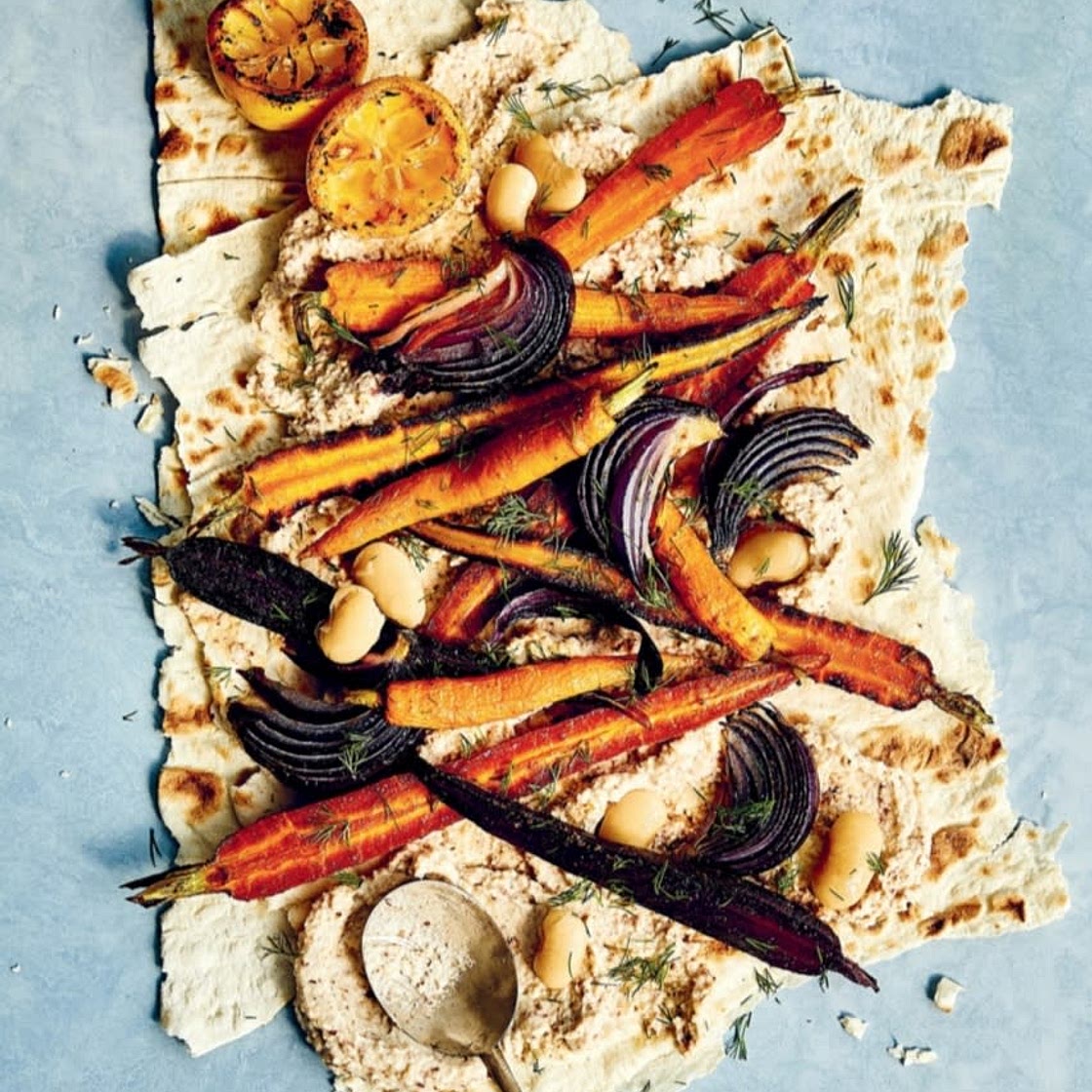 CUMIN-ROASTED CARROTS, ONIONS, AND LEMONS WITH BEAN SPREAD
