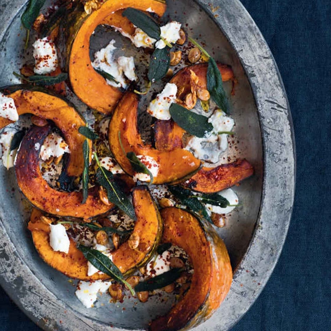 ROAST DELICA PUMPKIN WITH CRISP SAGE, SEEDS AND CURD