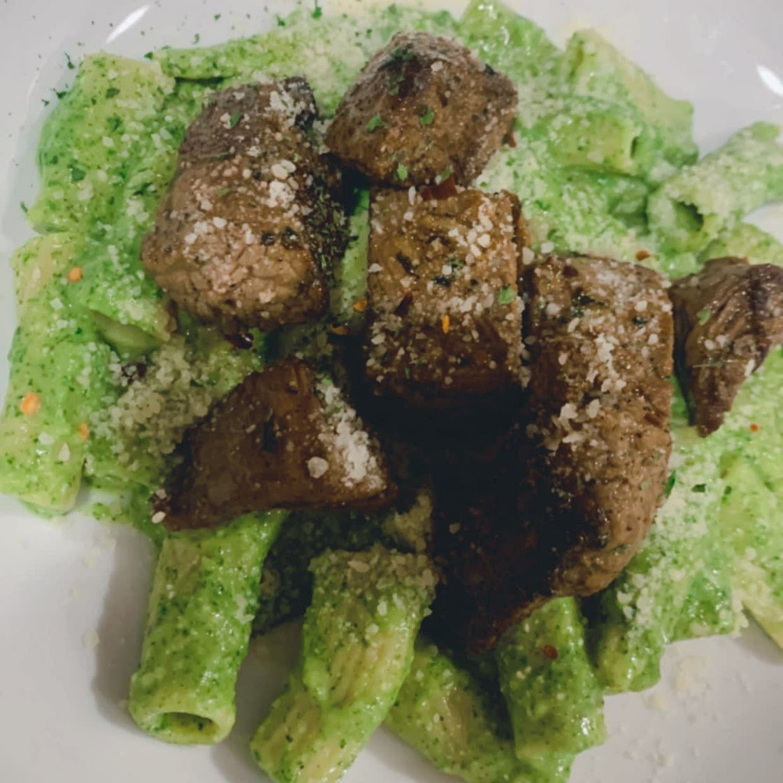 Avocado Pasta with Roasted Garlic Butter Steak Bites
