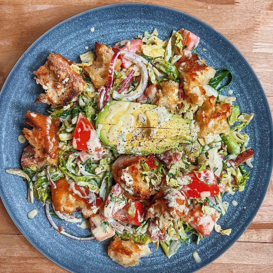 BLT Salad with Creamy Wasabi Dressing and Ciabatta Croutons 