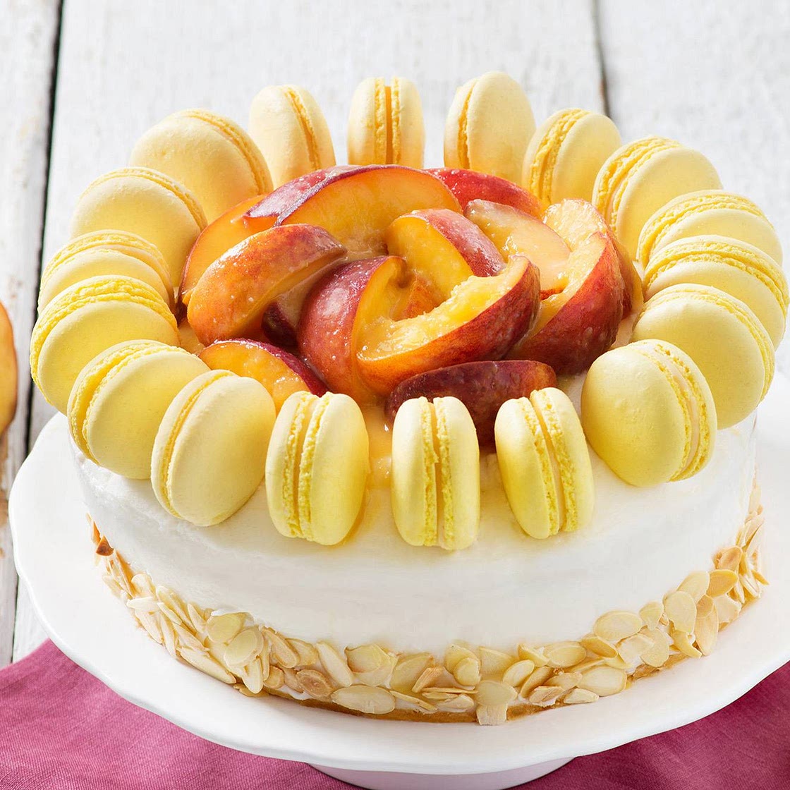 Peach Ice Cream Cake with Lemon Curd Macarons