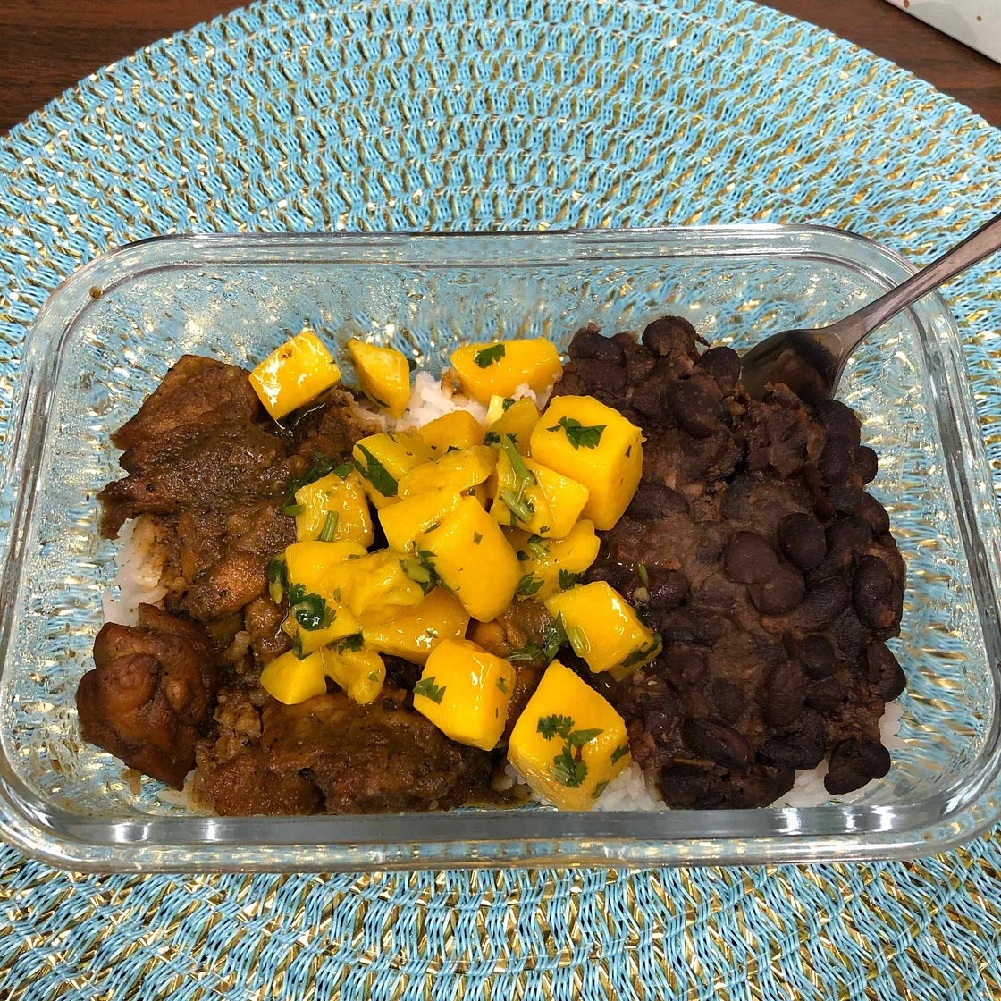 Cuban Chicken and Black Bean Quinoa Bowls with Fried Chili Spiced Bananas + Spicy Mangos