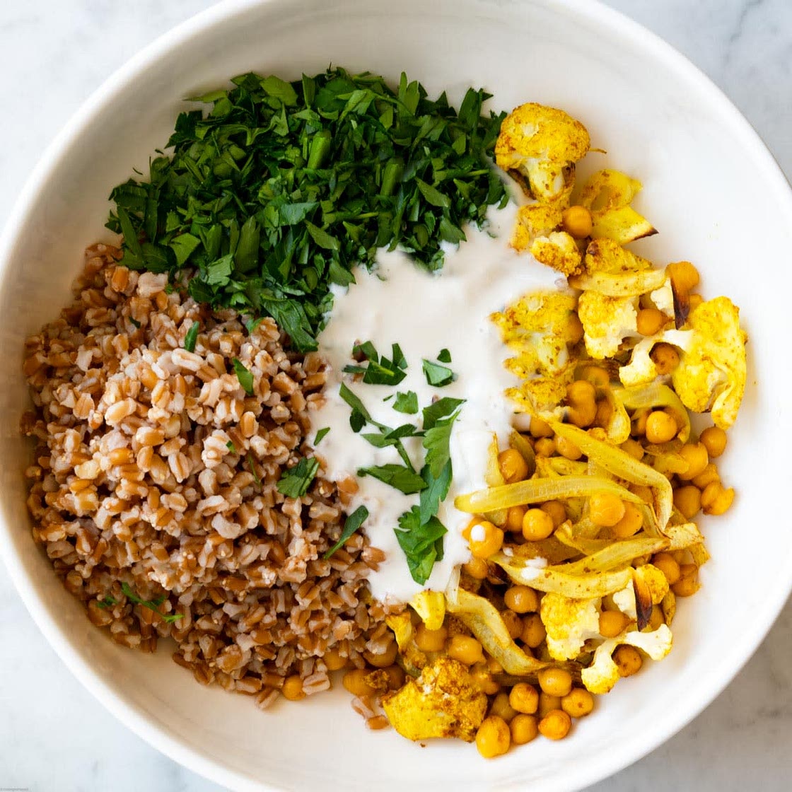 Curry Roasted Cauliflower & Farro Grain Bowl