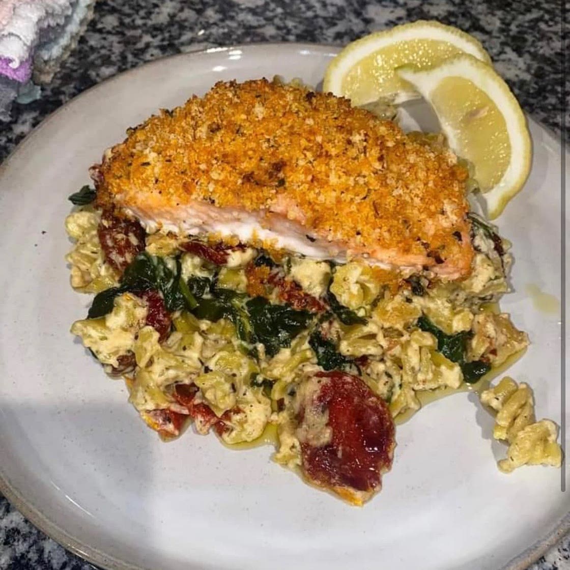 Parmesan Crusted Salmon Over Boursin Pasta