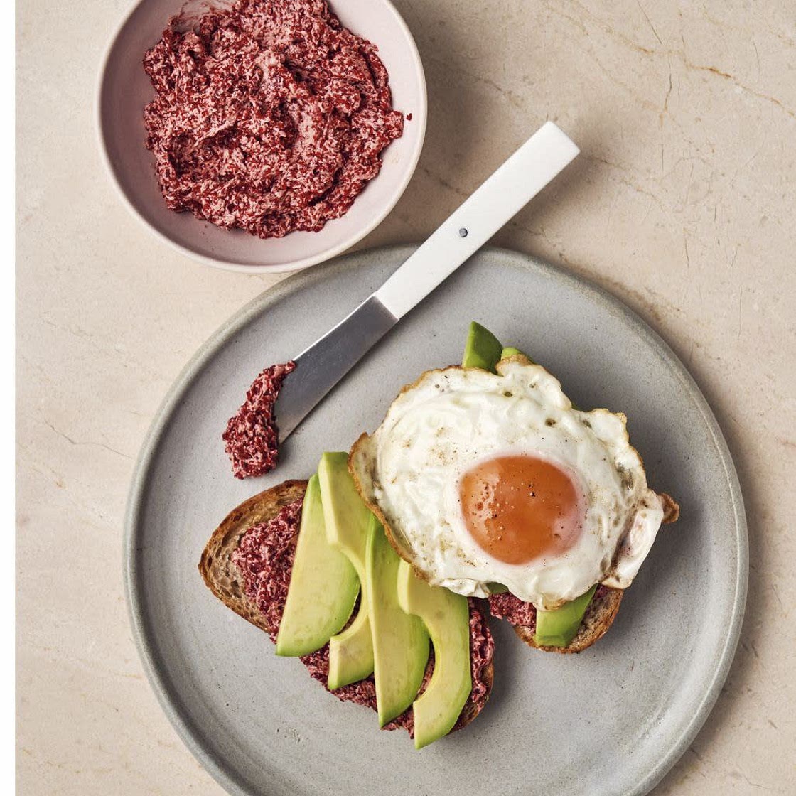 toast with anchovy and beetroot butter