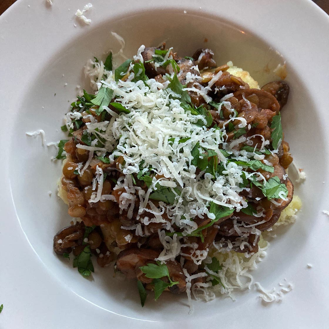 Lentil Mushroom Stew over Mashed Potatoes
