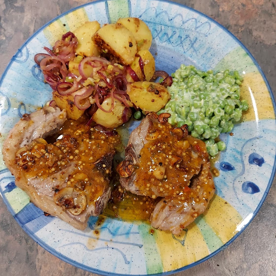 Lamb Chops with Smoked Chipotle Vinaigrette, Creamy Mashed Peas and Caramelised Potatoes
