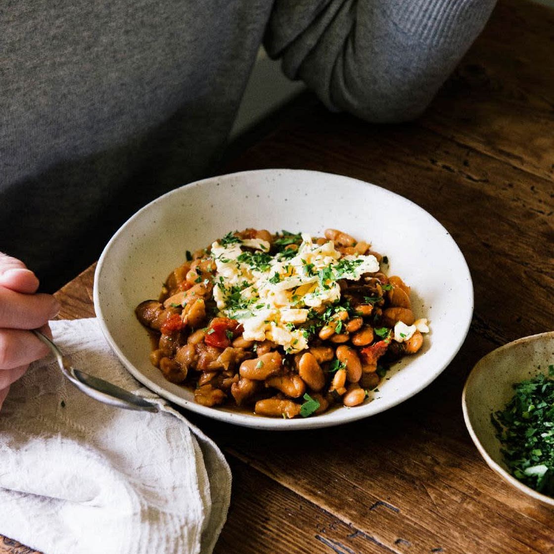 cannellini beans w/saffron sofrito, shaved cauliflower + tomato paprika mayo