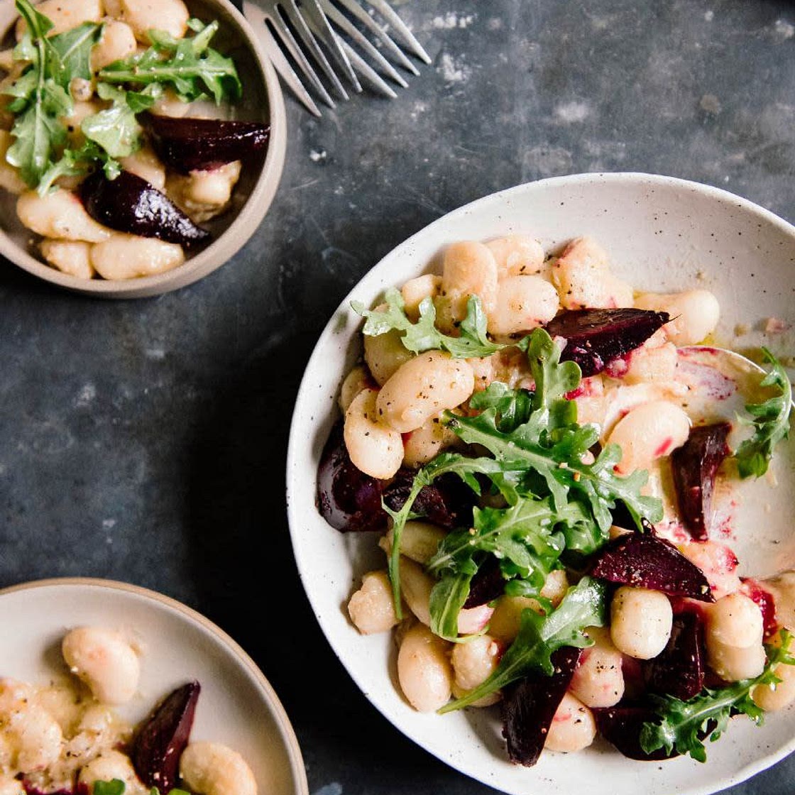 anchovy-garlic marinated corona beans w/arugula + beets