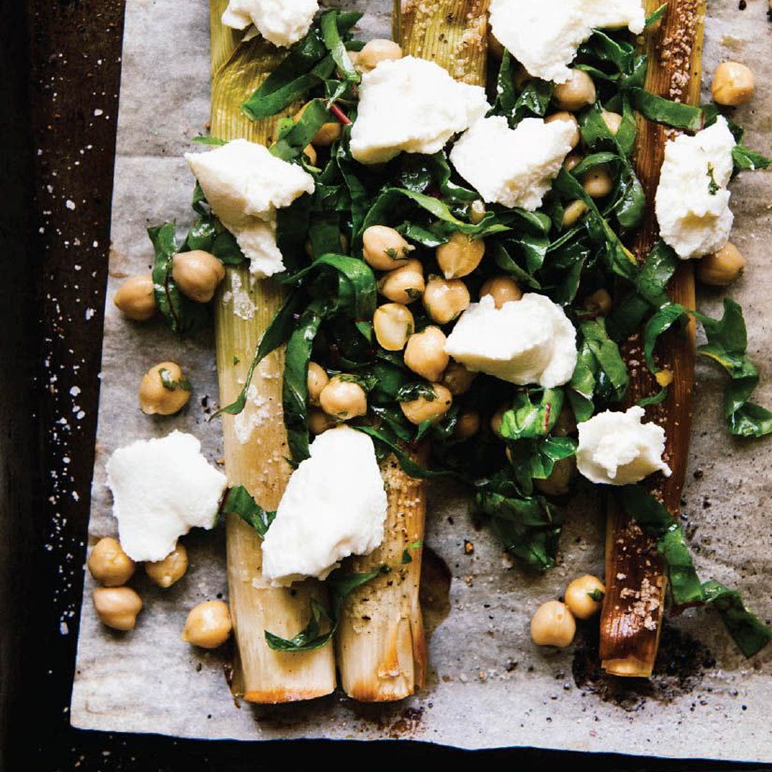 whole roasted leeks w/chickpeas, lemon vinaigrette, ricotta + chard