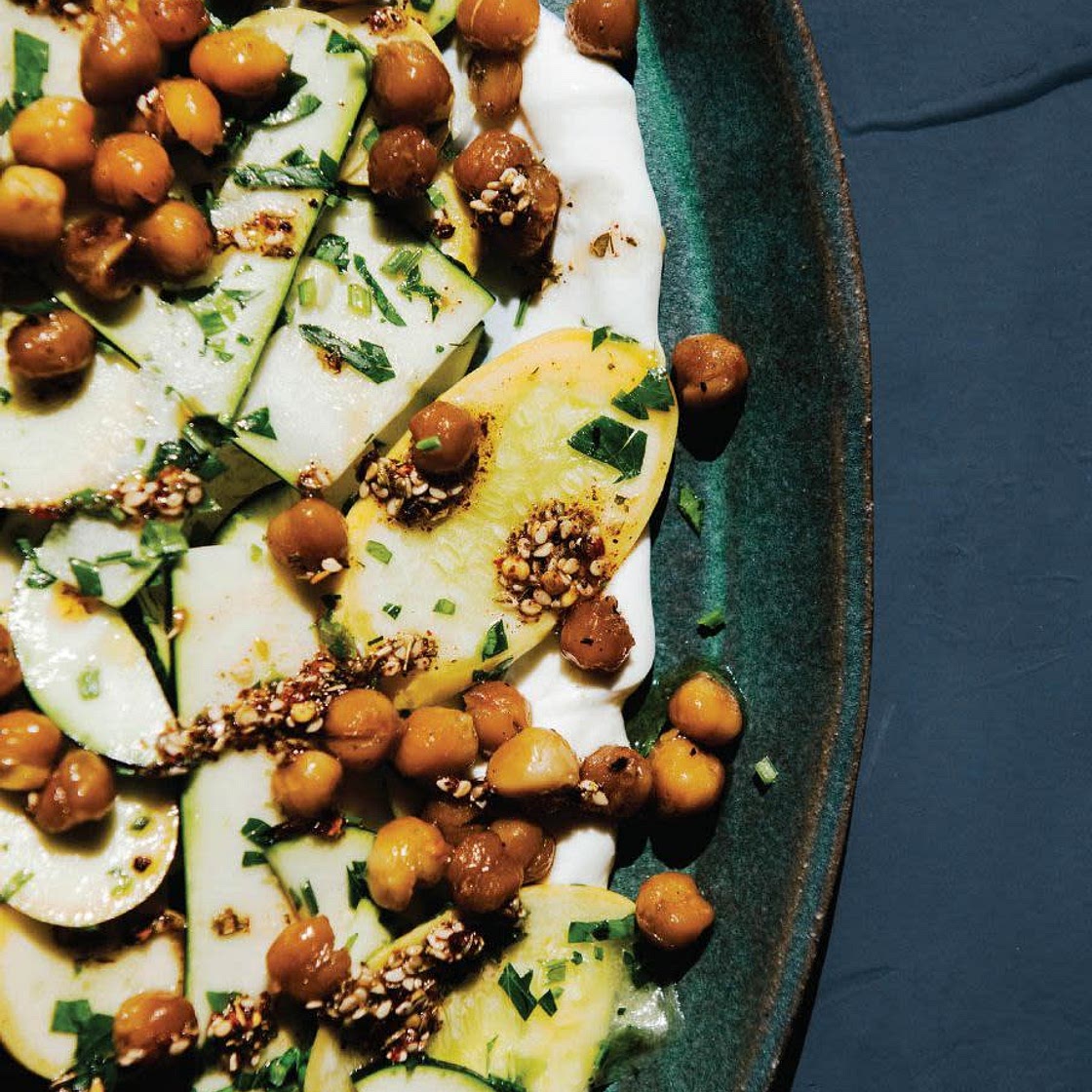 shaved summer squash w/greek yogurt, fried chickpeas + za’atar oil