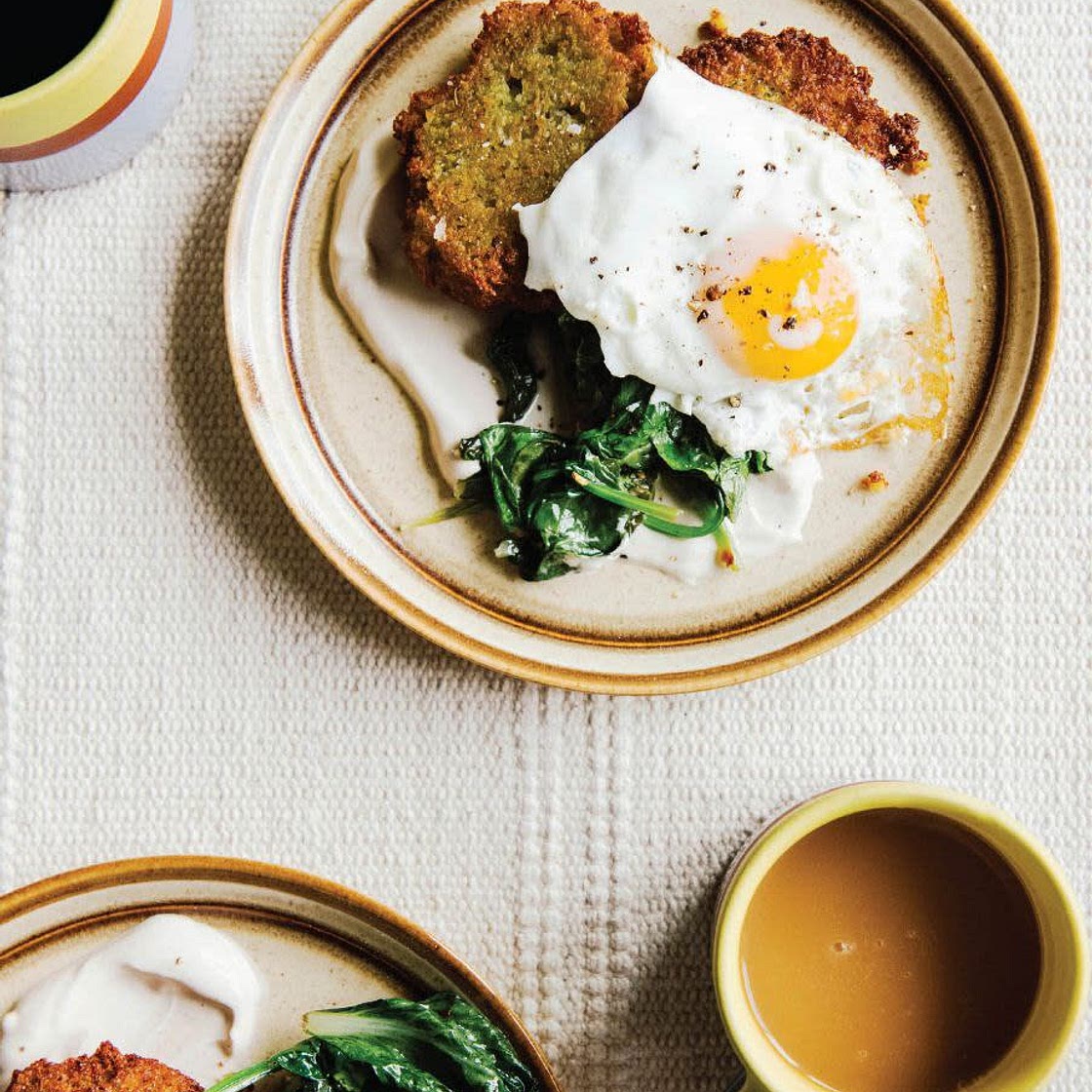 pea breakfast fritters w/fried egg, greens + smoked yogurt