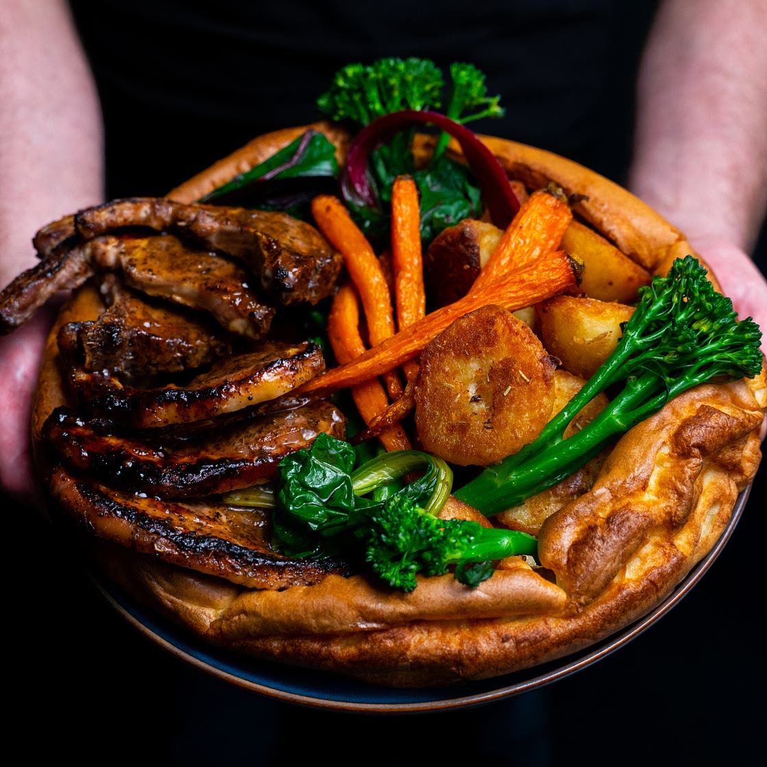 Giant Yorkshire Pudding, Roast Potatoes & Minted Lamb Steaks