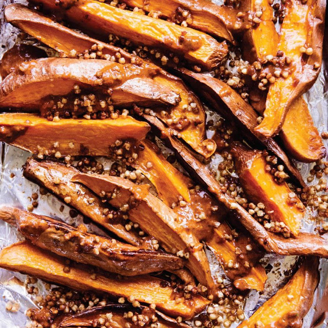 roasted sweet potatoes w/fried buckwheat + harissa + 2 variations
