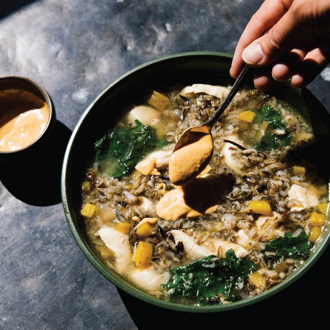 chicken + wild rice soup w/kale + tomato paprika mayo