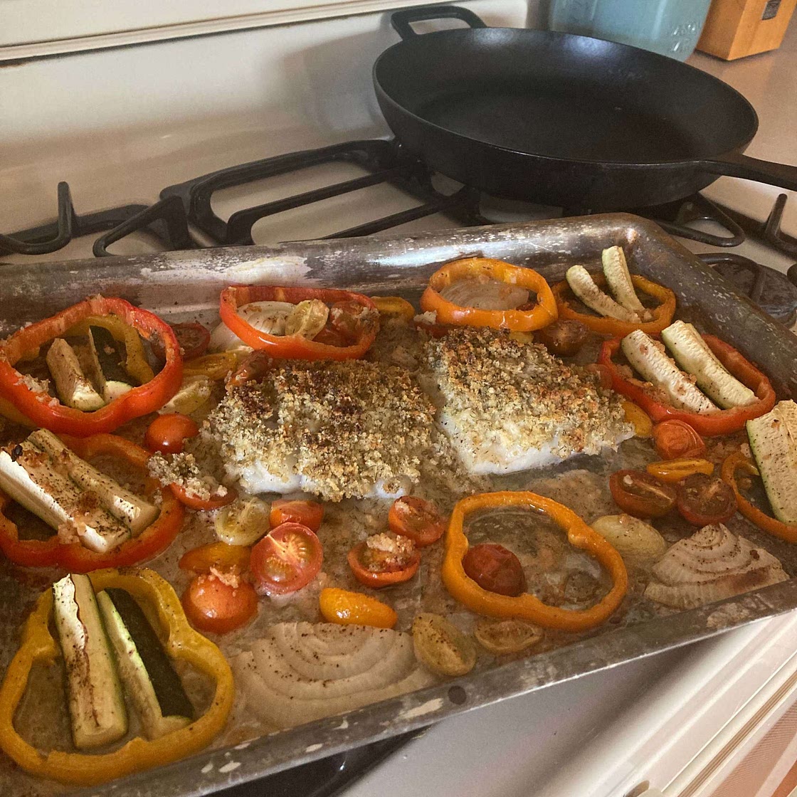 Baked Cod Fillet with Bread Crumb Topping, Zucchini & Tomatoes