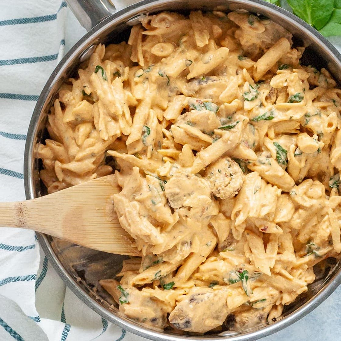 Creamy Spicy Vegan Sausage Pasta with Spinach