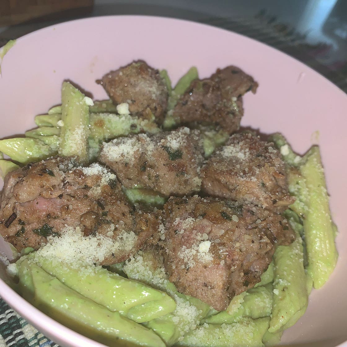 Avocado Pasta with Roasted Garlic Butter Steak Bites