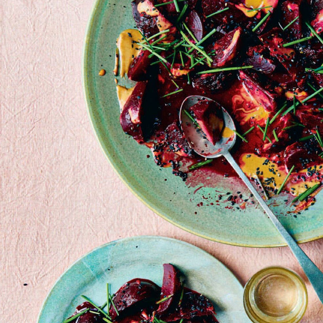 Gingery Beetroot with Peanut Dressing, Black Sesame, and Chives