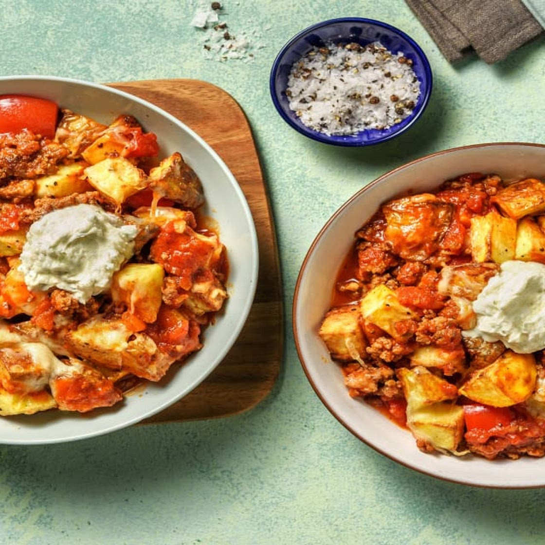 Cheesy Mexican Style Beef Hash with Crispy Potato Top and Soured Cream