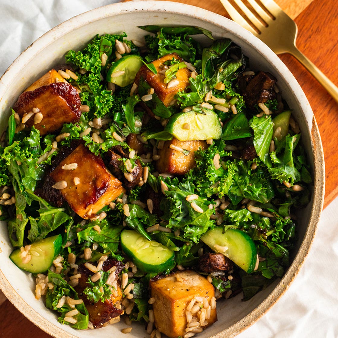 Sesame Miso Kale Salad with Tofu and Basil (vegan)