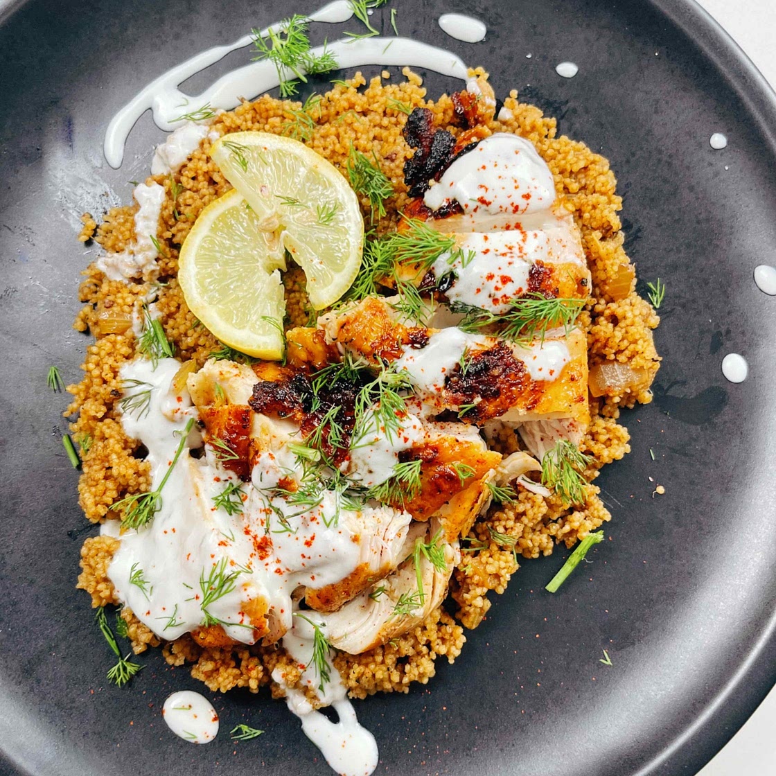 Braised Chicken with Couscous, Dates and Tangy Yogurt 