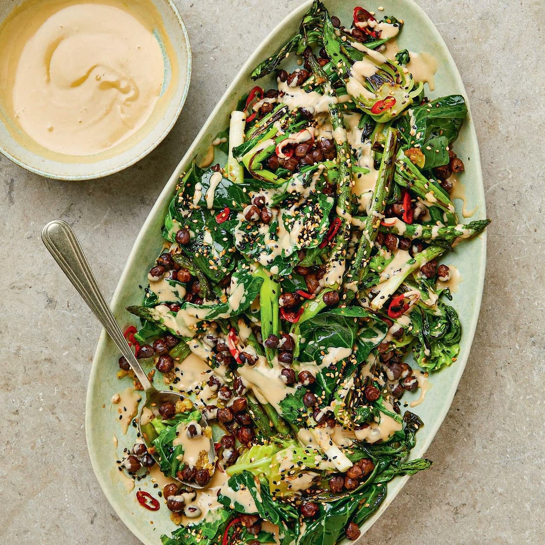 Garlicky Greens with Fried Black Chickpeas and Tahini Soy Dressing