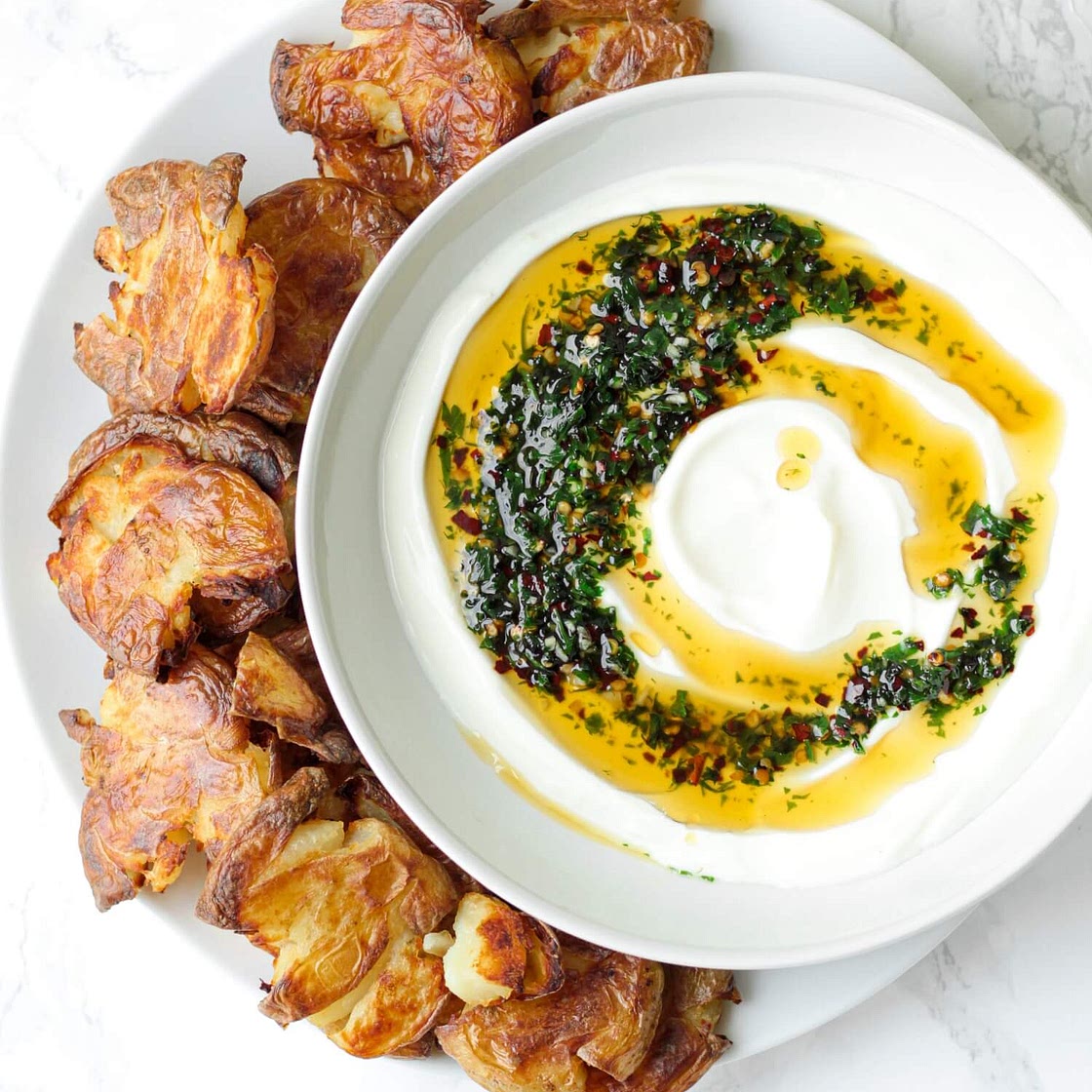 Crispy Smashed Potatoes with Yogurt Dip