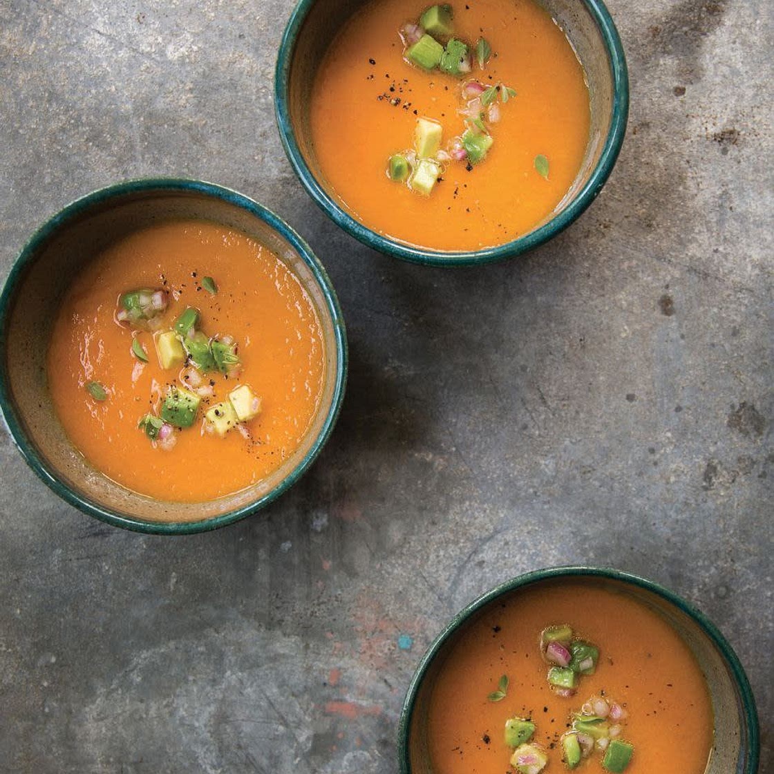 SWEET-TART SUN GOLD TOMATO SOUP WITH AVOCADO RELISH