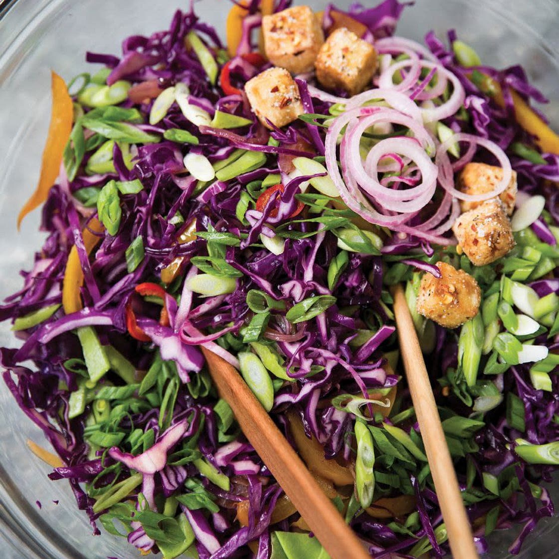 WARM RED CABBAGE SALAD WITH TOGARASHI TOFU CRISPS