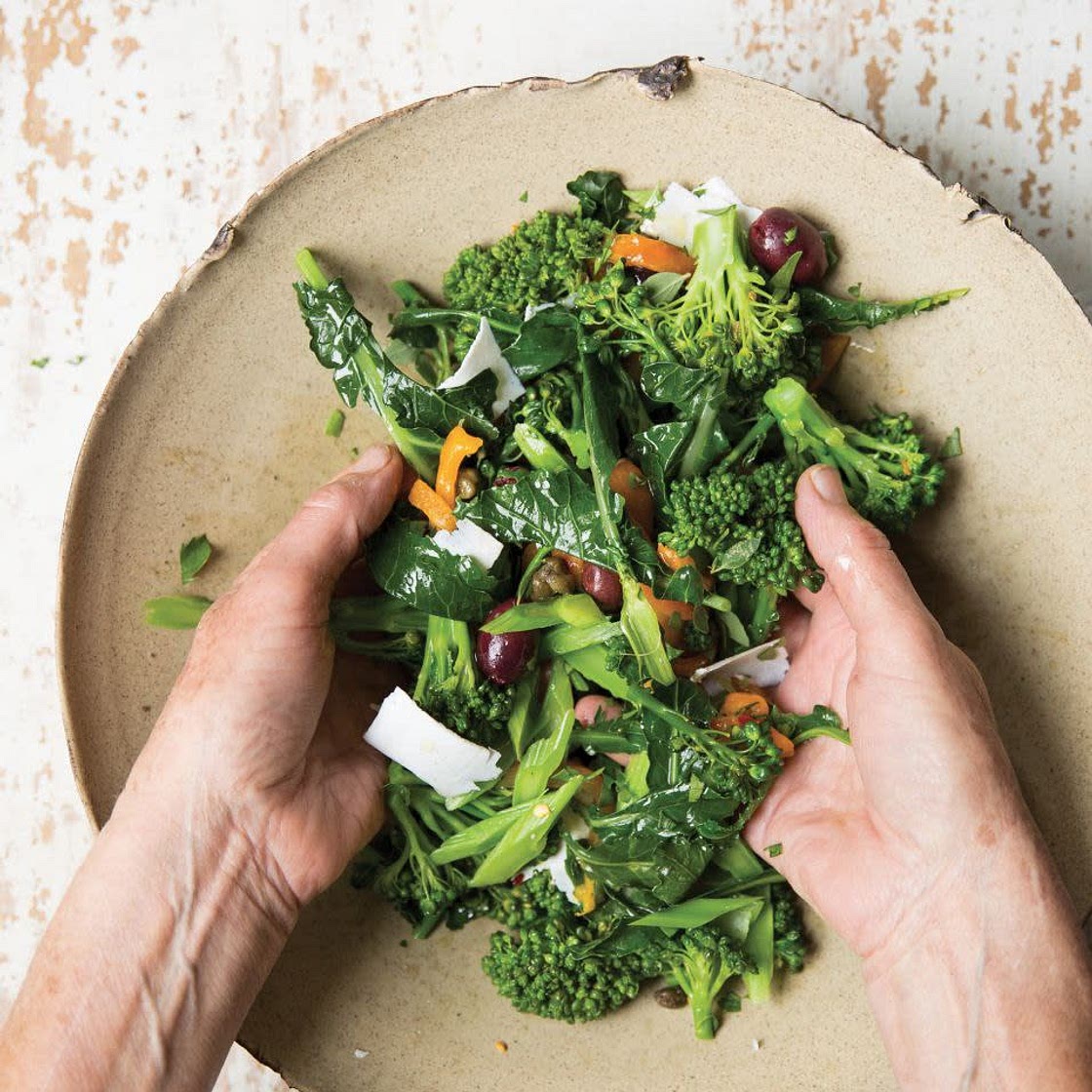 BROCCOLI WITH ROASTED PEPPERS, FETA, OLIVES, AND HERBS