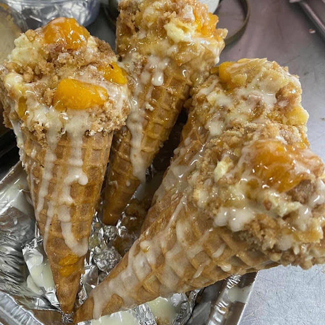Peach cobbler cheesecake cones 