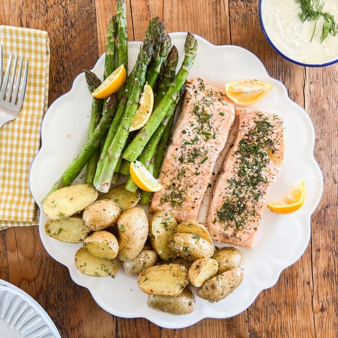 sheet-pan spring salmon