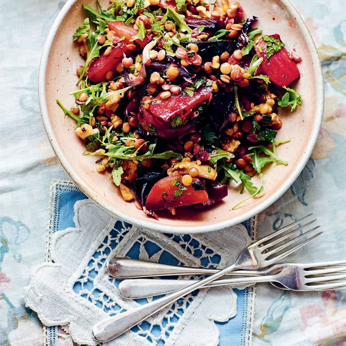 Roast beetroot, lentils and walnuts