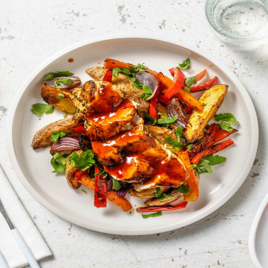 Thyme Roasted Chicken with Roasted Veg and Sweet Chilli Glaze