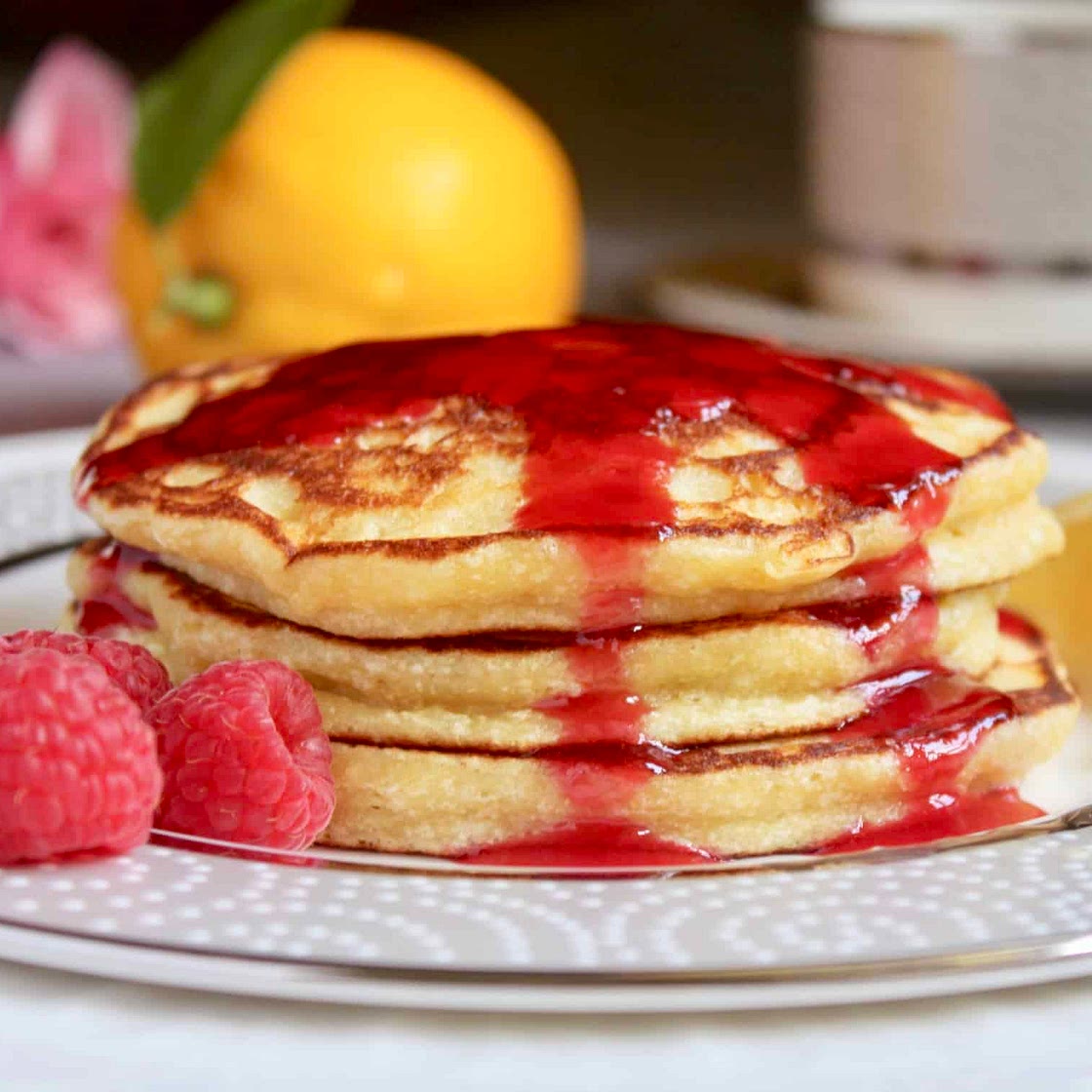 Lemon Ricotta Pancakes with Raspberry Syrup