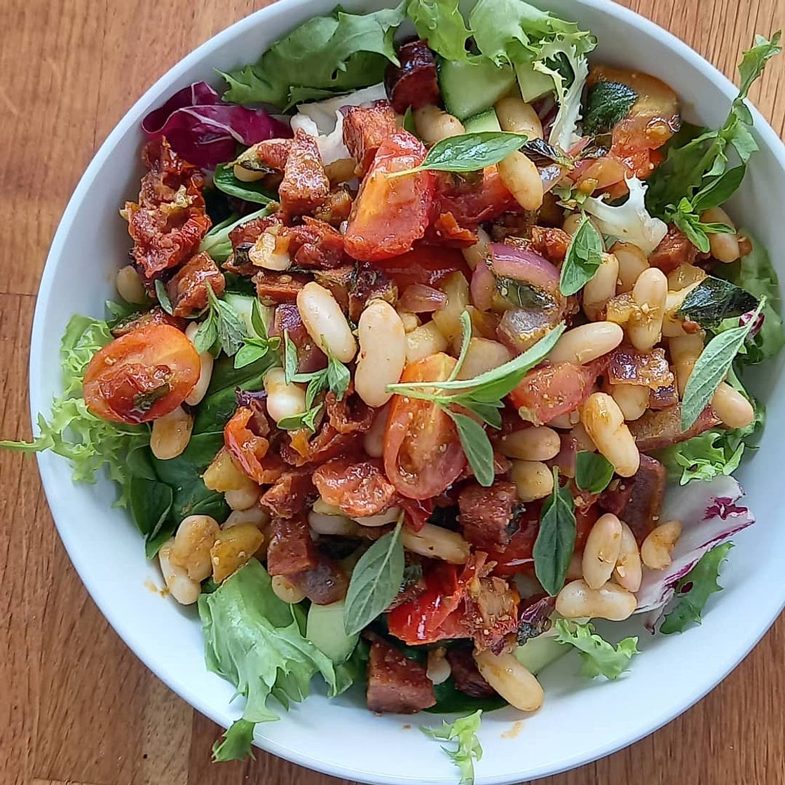 Warm Chorizo Chickpea Cannelini and Feta salad
