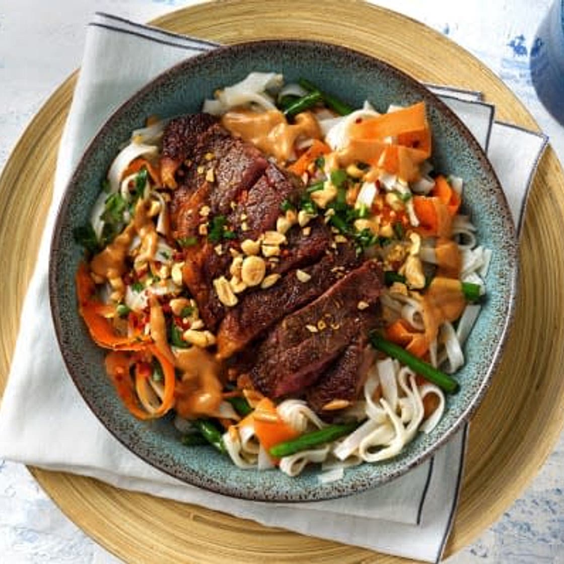 Chilli Steak and Rice Noodle Salad - Peanut lime dressing