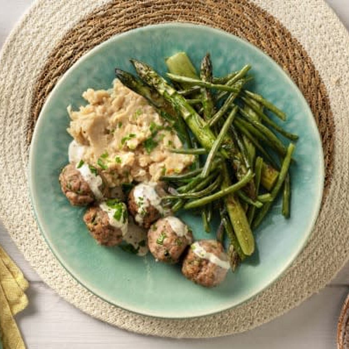 Pork Meatballs & Creamy Dijon Sauce

With Butter Bean Crush