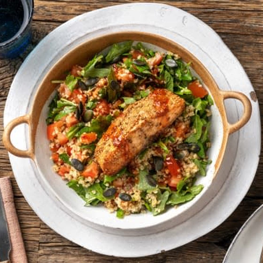 Lemon & Zahtar Salmon
with a Herby Bulgur Salad and Harissa Dressing